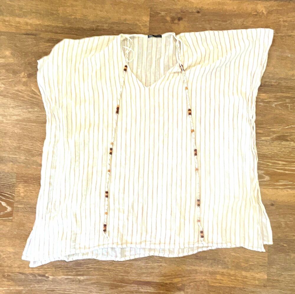 Zara Womens White Beige Striped pancho Tie Beaded Woven Cotton Blouse SS
